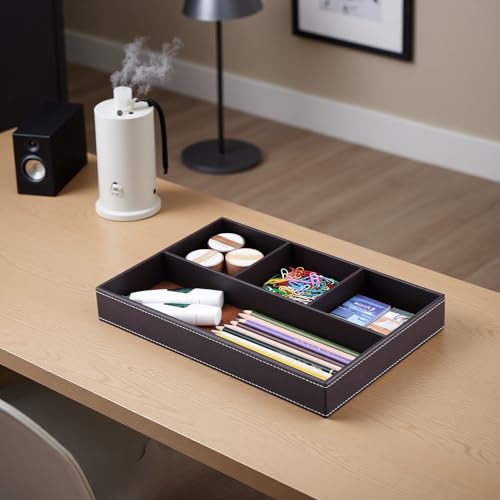 KINGFOM Pu Leather Desk Organizer Tray, 4 Compartment Office Storage Supplies Stationery Drawer Tray, Nightstand Bedside Tray for Key, Wallet, Watch, Coin, Phone Valet Tray Stackable - color: Brown