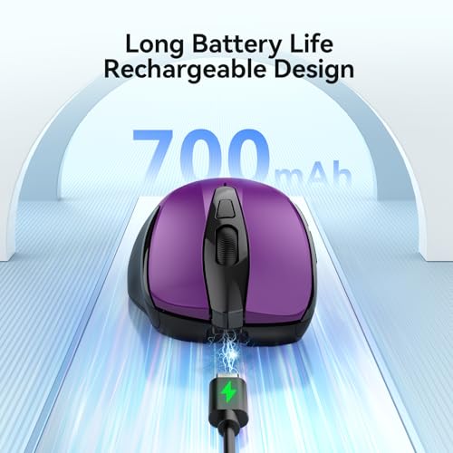 TECKNET Rechargeable Jiggler Wireless Mouse (BT5.0/3.0 & 2.4G) 4800 DPI Silent USB A & Bluetooth Mouse 6 Buttons, Wide Compatibility - Purple - color: Purple