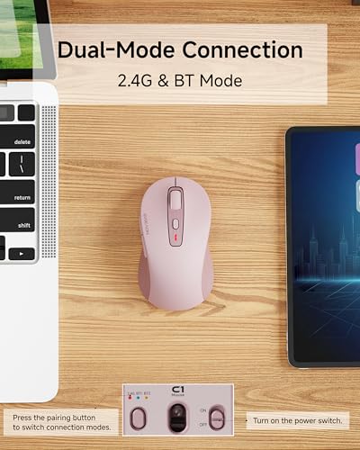 EWEAND Wireless Mouse - for Small to Medium Hands, Dual-Mode 2.4 G/Bluetooth Mouse, 4000 DPI, Rechargeable Battery, Cute Silent Click Computer Mouse for Laptop, Mac, PC, Chromebook - Pink - color: Light Pink
