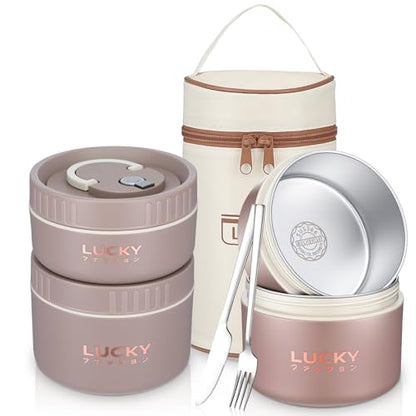 3 Pcs Portable Insulated Lunch Container Set for Adult, Stackable Stainless Steel Bento Box for Hot Food with Insulated Lunch Bag Unisex 3 Separate Thermal Food Container(Khaki)