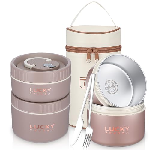 3 Pcs Portable Insulated Lunch Container Set for Adult, Stackable Stainless Steel Bento Box for Hot Food with Insulated Lunch Bag Unisex 3 Separate Thermal Food Container(Khaki)