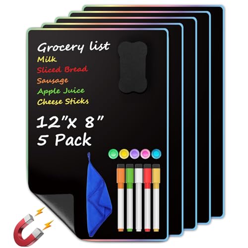 MaxGear Magnetic Whiteboard for Fridge 12x8 Black 5 Pack | Strong Magnet, Dry Erase, Reusable, Easy Clean, Stain Resistant, Meal Planner, Grocery List, Family Notes, Kitchen Organizer - color: Black