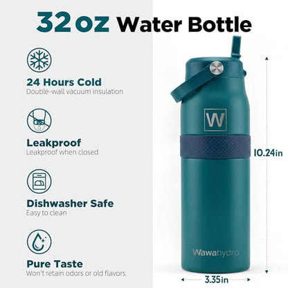 32 oz Insulated Water Bottle with Straw, Leakproof Stainless Steel Bottle with Handle, Non-Slip Silicone Sleeve, Internal Markings, Dishwasher Safe for Travel, Gym, Sports, Turquoise - color: Turquoise