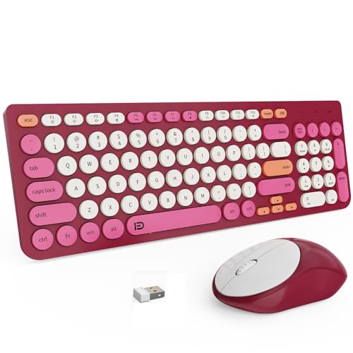 FD Wireless Keyboards and Mouse Combo - 2.4GHz USB Cordless, Cute Wireless Keyboard Round Keys, Quiet and Slim Set for Laptop, Computer, TV and Mac - Strawberry White Colorful - color: IK6632 Strawberry White Colorful