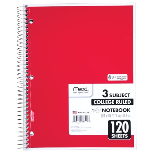 Mead Spiral Notebook, 3 Subject, College Ruled Paper, 8" x 11", 120 Sheets, Color Will Vary (820394-25)