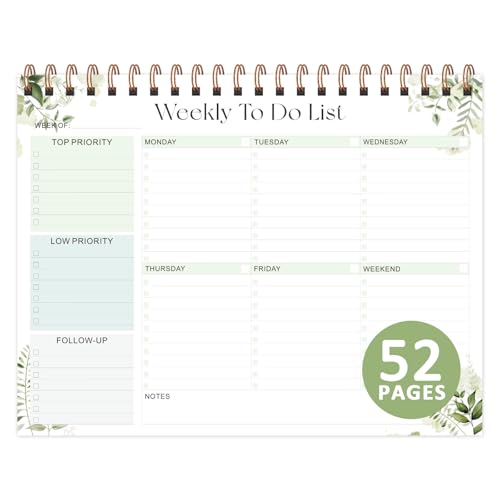 Weekly To Do List Notepad, 52 Sheets Undated Weekly Planner, 8.5"x11" Letter Size Horizontal Desk Pad with 100GSM Thick Paper, Twin-Wire Spiral Bound Tear Off Lined Organizer for Office Work, School & Home - color: Leaf