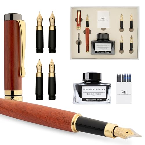 Wordsworth & Black Fountain Pen Gift Set, Includes Ink Bottle, 6 Cartridges, Refill Converter, 4 Replacement Nibs, Luxury Bamboo, Journaling, Calligraphy, Smooth Writing Pens [ Rosewood] - color: Rosewood