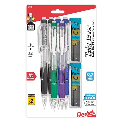 Pentel Twist-Erase Click Mechanical Pencil (0.7mm), Pack of 6 Pencils with 2 Pack of Lead Refills (PD277TLBPS6M) - style: Lead Size 0.7mm