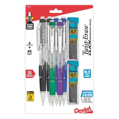 Pentel Twist-Erase Click Mechanical Pencil (0.7mm), Pack of 6 Pencils with 2 Pack of Lead Refills (PD277TLBPS6M) - style: Lead Size 0.7mm