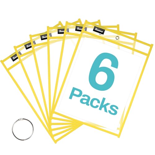 SUNEE 6 Packs Oversized Reusable Dry Erase Pocket Sleeves with Ring, Yellow 10x14 Ticket Holders, Clear Plastic Sheet Protectors, Teacher School Classroom Supplies - color: Yellow, style: 6 Pack