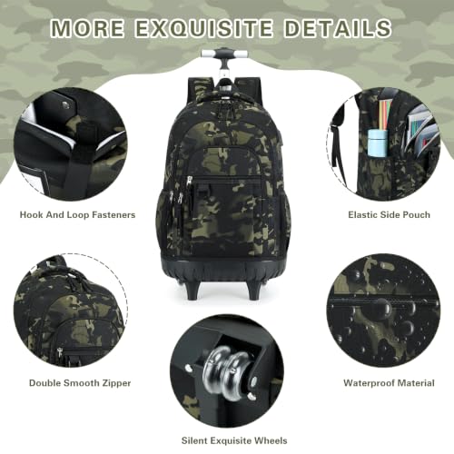 DIGOBAY Rolling Backpack for Boys, Cool Boys Backpack with Wheels, Kids Wheeled backpacks Set with Lunch Bag Pencil Case for Teen Boy, Roller School Bag with Wheels for Elementary Middle School - color: Black and Green Camo