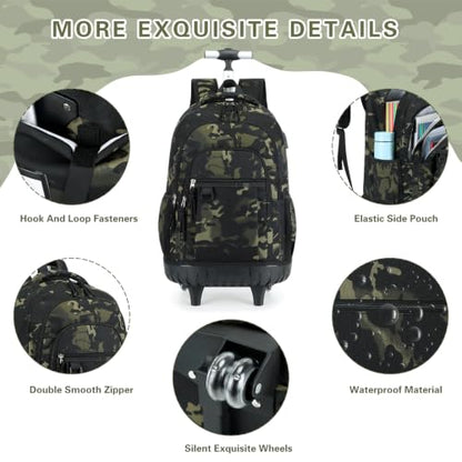 DIGOBAY Rolling Backpack for Boys, Cool Boys Backpack with Wheels, Kids Wheeled backpacks Set with Lunch Bag Pencil Case for Teen Boy, Roller School Bag with Wheels for Elementary Middle School - color: Black and Green Camo