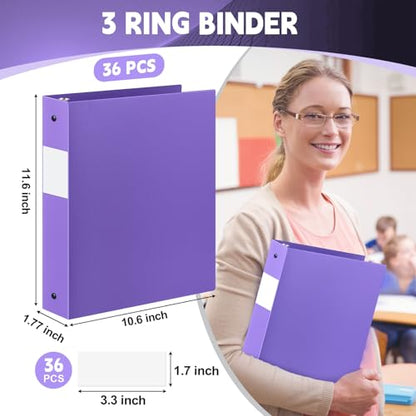 Henoyso 36 Pcs Purple 1.5 Inch 3 Ring Plastic Binder Bulk, 1 1/2 Inch Soft Flexible Binders Three Round Rings Fit 8.5x11 Papers for School Office Home File Organization Supplies - color: Purple