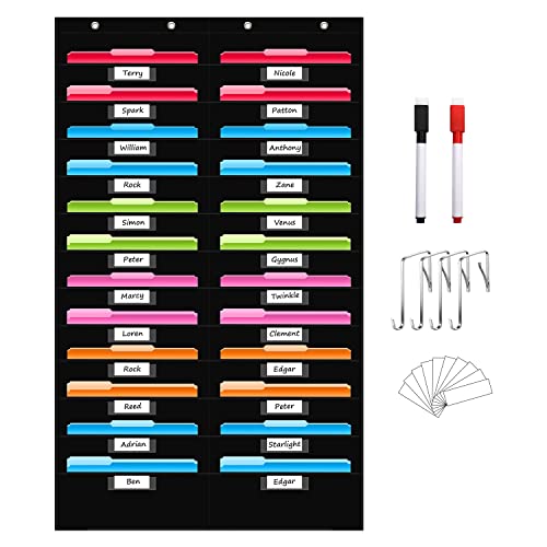 REGELETO 24 Pockets File Storage Pocket Chart with 24 Nametag Pockets, Hanging Wall File Organizer for Classroom and Office, Organize Your Assignments, Files, Scrapbooks, Paper (Black-24 pockets) - size: 24 Pockets