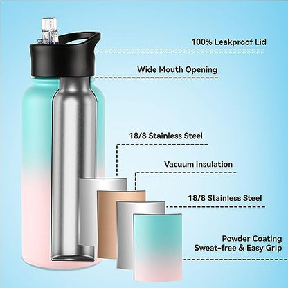 VEGOND 32 oz Insulated Water Bottle Stainless Steel Metal Water Bottles with Leak Proof Straw Lid & Spout Lid, Wide Mouth Double Walled Vacuum Travel Sports Bottle, Green Pink - color: Bubble Gum, size: 32 Ounces