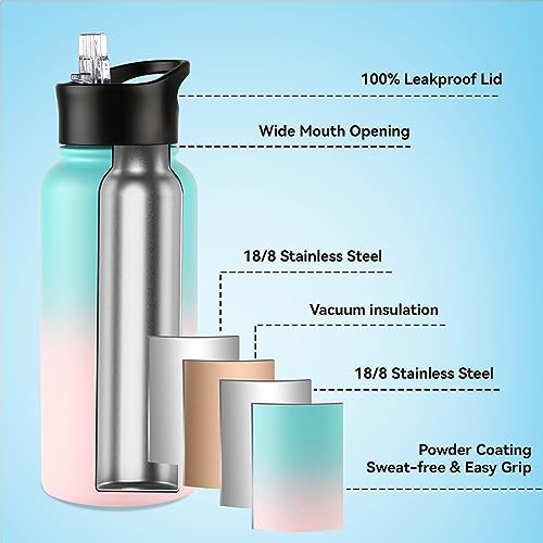 VEGOND 32 oz Insulated Water Bottle Bulk Stainless Steel Metal Water Bottles with Leak Proof Straw Lid & Spout Lid, Wide Mouth Double Walled Vacuum Travel Sports Bottle, 8 Pack - color: Bubble Gum, size: 32oz-8 Pack