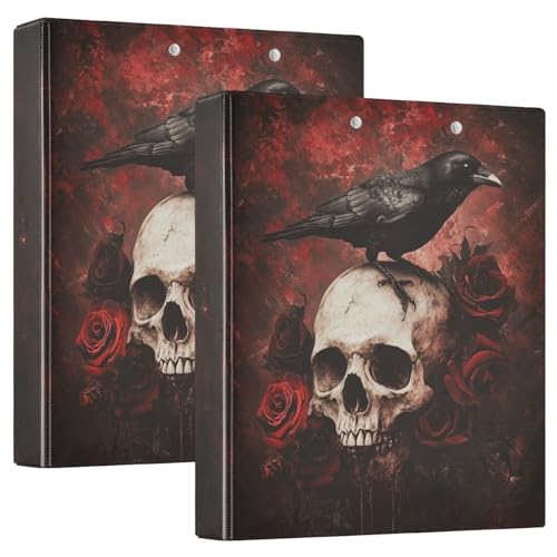 Gothic Skull with Crow and Red Roses 3 Ring Binder 1.5" Decorative D-Ring Binder with Clipboard&3 Clear Pockets, Holds 200 Sheets A4 Size Paper Waterproof Binders for School Home Office|2 Pack - color: Gothic Skull With Crow and Roses, size: 12.4x10.63x2.
