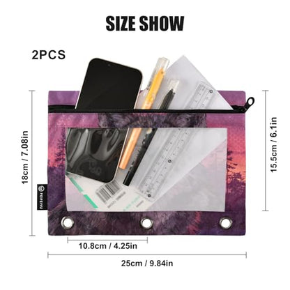 Wolf Purple Pencil Pouch for 3 Ring Binder Pencils Bag Pencil Case with Zipper Clear Window for School Office 2 Packs - color: Wolf Purple