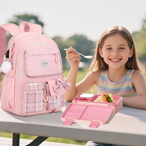 Bevalsa Backpack for Girls, Bow Plaid Bookpack with Bento Lunch Box, Insulated Bag & Utensils, 34oz Lunch Containers School Bags Set for Children Teens Kids Elementary Middle school Student (Pink) - color: Pink Plaid