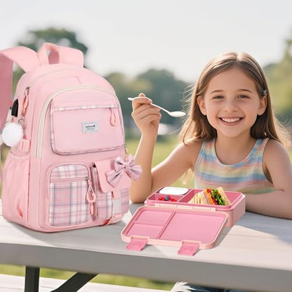 Bevalsa Backpack for Girls, Bow Plaid Bookpack with Bento Lunch Box, Insulated Bag & Utensils, 34oz Lunch Containers School Bags Set for Children Teens Kids Elementary Middle school Student (Pink) - color: Pink Plaid