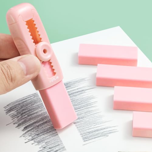 M&G 4+1 Pack Rubber Pink Erasers Sliding Retractable Eraser, Soft Cute Erasers Push Pull Large Pencil Erasers with Plastic Sleeve 4 Refill Eraser for School Students Kids Office Home Supplies - color: Pink