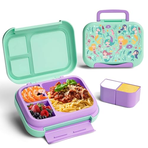 Kids Bento Lunch Box, 5-Compartment Leakproof Container with handle Movable Snack Box BPA-Free, Dishwasher & Microwave Safe Utensils Included for Kids/Adults | School, Office & Travel | Green - color: Green-41oz