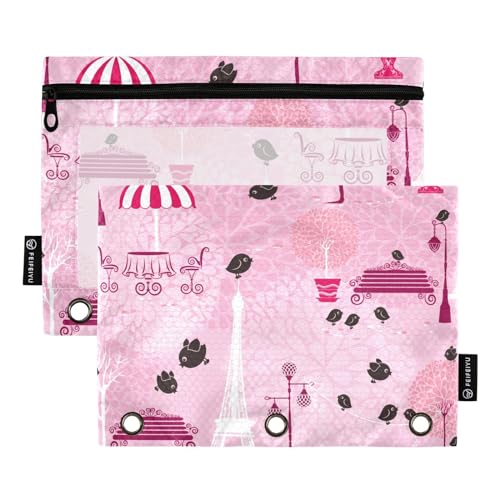 ZAZYXTJ Paris Eiffel Tower Binder Pencil Pouchs 3 Ring with Zipper Clear Window Office Organizers bag for School Students Teacher Supplies 2 Pack - color: Eiffel Tower