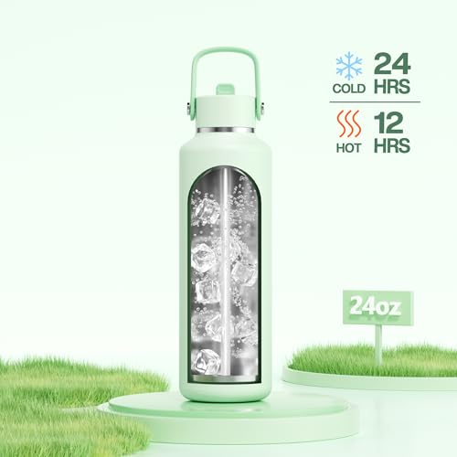 POWCAN 24 oz Double Walled Insulated Water Bottle with Straw: Leakproof, Cup Holder Friendly, BPA-free, Top Handle, Stainless Steel Water Bottle for Adult, Student, Nurse, Commuter, Bag (Mint Dew) - color: Mint Dew, size: 24 Ounces