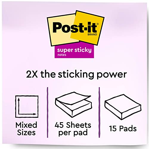 Post-it Super Sticky Notes, Assorted Sizes, 15 Pads, 2X The Sticking Power, Supernova Neons Collection, Neon Colors (Orange, Pink, Blue, Green), Recyclable (4423-15SSMIA), (Pack of 12) - size: 12 Pack