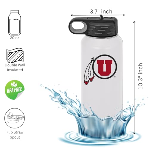 Game Day Outfitters Utah 32oz Stainless Steel Double Walled White Beverage Bottle with Flip Straw Spout - College Gear for Playoff Season – For Office, Home or Auto – Show your Utes Pride - style: Utah / White