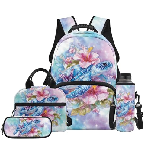 Kids Backpack Set, Sea Turtle Hibiscus Print School Backpack with Lunch Bag, Pencil Case and Water Bottle Cover 4 in 1 Set for Elementary School Boys and Girls Daily Use - color: Floral Sea Turtle Print
