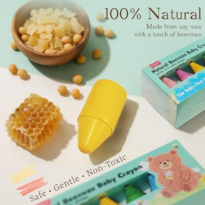 Soy & Beeswax Crayons for Toddlers, 12 Colors Non-Toxic Natural Crayons, Chunky Easy-Grip Design for Little Hands, Unbreakable Baby Art Supplies