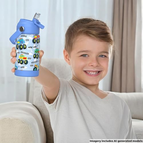 Monster Truck Boys Insulated Water Bottle with Straw,12 oz Kids Cups with Stainless Steel Leak Proof for School Daycare - color: A10.Monster Truck, style: 1Pack