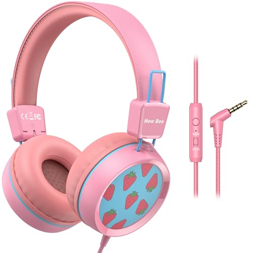 New Bee Kids Headphones Wired for School with Microphone KH20 HD Stereo Safe Volume Limited 85dB/94dB Foldable Lightweight for Girl/Mac/Android/Kindle/Tablet/Pad (Pink) - color: Pink, size: wired
