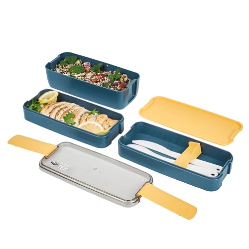Restaurantware Bento Box 10 Count 30 Ounce Plastic Lunch Box Stackable With Cutlery, Leakproof Microwave-Safe Meal Prep Container Stackable Blue - size: 10 Count, style: 30 oz - Blue