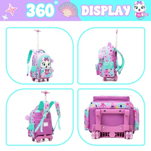 Cute Cat Rolling Backpack with Wheels for Elementary Preschool Students Kids Travel Luggage Carry on Backpack for Girls Ages 6-8 - color: 01 Mermaid Cat