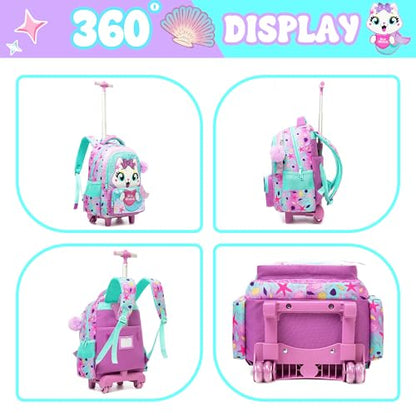 Cute Cat Rolling Backpack with Wheels for Elementary Preschool Students Kids Travel Luggage Carry on Backpack for Girls Ages 6-8 - color: 01 Mermaid Cat