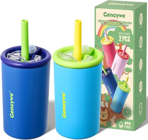 Gencywe® 2 PACK Kids Double Walled Stainless Steel Cups with Straws and lids | 12 oz Spill-Proof Sippy Smoothie Tumbler Set, Small Kids Snack & Drink Water Cups, BPA-Free (Age: 3+ years old & up) - color: Blue