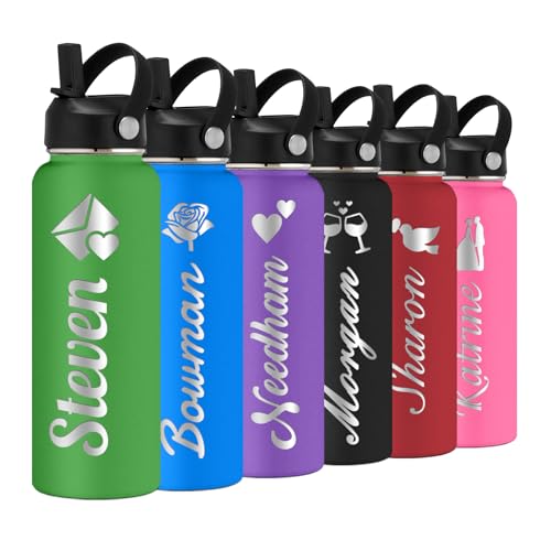 Personalized Water Bottle with Straw Lid for School,Custom Engraved Insulated Stainless Steel Sports Water Bottle with Name for Girls Boys Women Men(24oz/32oz/40oz,12 Colors) - color: Green, style: Valentine's Day