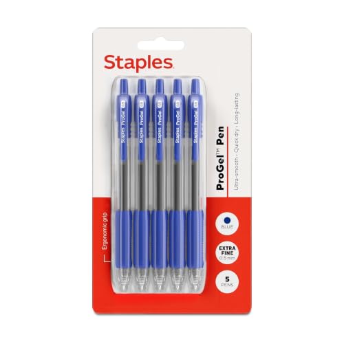 STAPLES ProGel Retractable Gel Pen, Extra Fine Point, 0.5mm, Blue Ink, 5/Pack - color: Blue, size: 5 Pack, style: Extra Fine Point