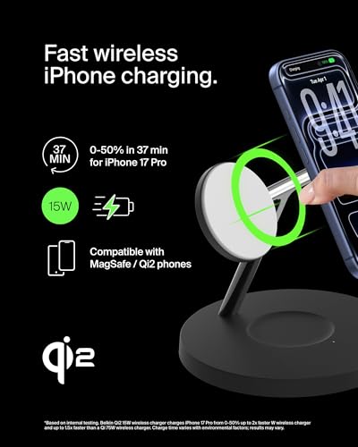 Belkin MagSafe-Compatible iPhone Charger, 3-in-1 Wireless Charging Station, Qi2-Certified 15W Wireless Charge for Apple iPhone 17 Series, Apple Watch, AirPods w/Non-Slip Base, 40W Included - Black - color: Black, style: Matte Finish
