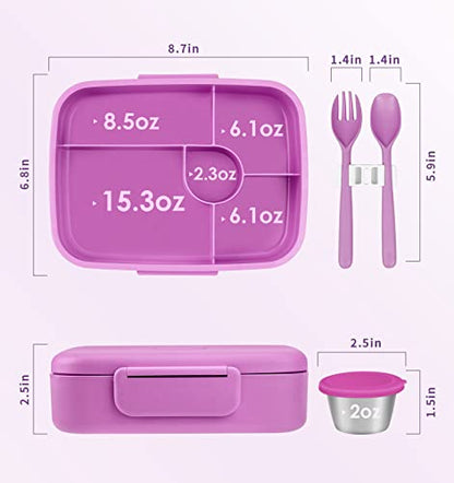 Bento Lunch Box with Kids/Adults, 5 Compartments Leakproof Lunch Container with Dressing Cup, Eco-Friendly Double Insulated Boxes, Dishwasher and Microwave Safe, BPA-Free (purple) - color: Purple