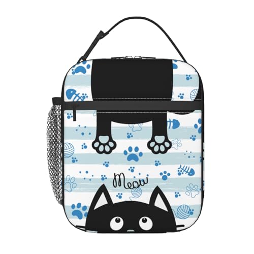 Black Cat Lunch Box for Kids Boys Girls, Blue and White Striped Cat Paws Insulated Lunch Bag for Women Men, Leakproof Durable Lunch Cooler for School Work Picnic - color: Black Cat