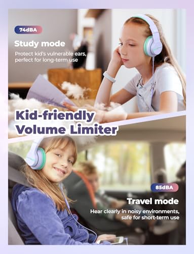 iClever HS19 Kids Headphones for School with Microphone, Safe Volume Limiter 74/85dBA, Over-Ear Girls Boys Headphones for Kids with FunShare Foldable Wired for iPad/Travel (Purple) - color: Purple