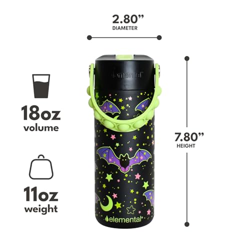 Elemental Insulated Kids Water Bottle, Stainless Steel Water Bottle with Straw Lid & Pop-It Handle, Leak-Proof Water Bottles for School, Boys or Girls, Travelling and Sports, 18oz - Glow Bats - color: Glow Bats