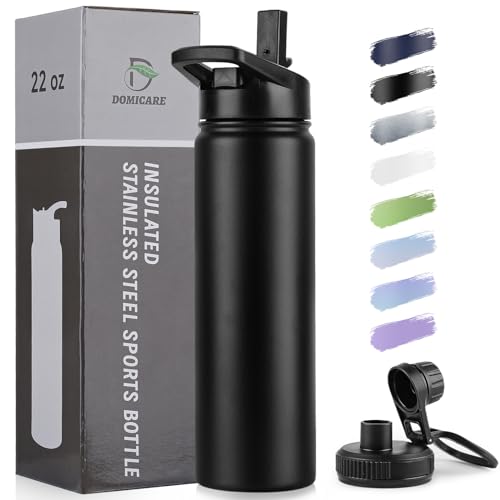 DOMICARE Insulated Water Bottle, 22 oz Vacuum Insulated Stainless Steel Reusable Sports Bottle with Straw Lid & Spout Lid for Travel, Camping, Bike, Leakproof, Black, 1 Pack - color: Black, size: 22 Ounces