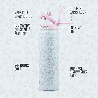 Ello Pop & Fill Insulated Stainless Steel Water Bottle with Quick Fill Lid, Leakproof Locking, Sip or Chug Spout, BPA-Free, Double Wall Vacuum Insulated for Sports, Travel & School- 22oz / 32oz / 40oz - color: Serene Blooms, style: 22oz