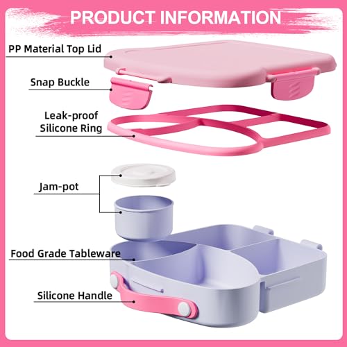 Kids Bento Lunch Box, Toast Shaped 4-Compartment 31OZ Container with Sauce Cup & Utensils (Ages 3+) Leak-Proof, Drop-Proof, Dishwasher Safe | BPA-Free Reusable Lunch Box for School, Travel | Pink - color: Pink-31oz