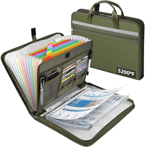 Fireproof Document Bag with Accordion File Organizer(Green) | Upgraded 5200°F Aluminum Foil Fire Protection, Zipper Expanding File Binder Folders with 30 Sheet Protector - color: Green