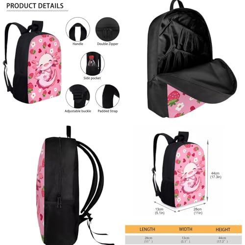 Axolotl Strawberry Kids Backpack Set Girls 3 PCS Kids Backpack with Lunch Bag Pen Bag Set Large Capacity Bookbag Casual Daypack Elementary School Boys and Girls - color: Cute Axolotl Strawberry